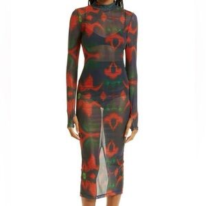 BY.DYLN - Martina Print Long Sleeve Sheer Mesh Midi Dress
